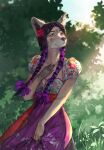  2021 accessory anthro black_hair canid clothing day devergilia dress female flower flower_in_hair grass hair hair_accessory human_to_anthro long_hair looking_up mammal outside plant ribbons smile solo species_transformation transformation tree whiskers 