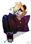  &lt;3 2021 absurd_res anthro black_nose blonde_hair clothing colored_nails female footwear giant_panda green_eyes hair hi_res looking_up mammal nails pillow pink_nails shoes simple_background sitting smile solo synnfultiger ursid white_background 