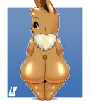  2021 abstract_background absurd_res anthro big_butt black_sclera brown_body brown_fur butt butt_focus canid canine digital_drawing_(artwork) digital_media_(artwork) eevee eeveelution fur hi_res lobokosmico looking_at_viewer male mammal neck_tuft nintendo nude open_mouth pok&eacute;mon pok&eacute;mon_(species) signature simple_background solo thick_thighs tuft veris video_games 