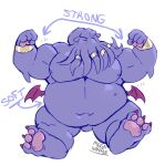  2021 anthro balls belly blush cthulhu cthulhu_mythos eyes_closed genitals h.p._lovecraft hi_res humanoid_hands male megawaffle_(artist) moobs navel overweight overweight_male simple_background sitting solo white_background wings 