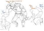  2021 alien anthro armor artlegionary bent_over bodysuit bulge butt clothed clothing dialogue dripping duo english_text erection female genitals glans headgear helmet imminent_sex lenni_(artlegionary) lube lube_on_penis male male/female penis raised_tail ridged_penis sketch skinsuit stuck text thick_thighs thoughts through_wall tight_clothing wurae 