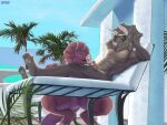  4:3 absurd_res anthro ceratopsian daddy_topps dinosaur don_bluth duo eye_contact eyewear eyewear_on_head feet female hi_res horn looking_at_another male male/female ornithischian poolside pussy_wet reptile scalie sucking sunglasses sunglasses_on_head the_land_before_time triceratops tropical weso wet 