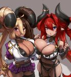  areola big_breasts blue_eyes breast_squish breasts clothing demon duo eu03 female hair hi_res horn horned_humanoid huge_breasts humanoid legwear long_hair looking_at_viewer mammal not_furry panties purple_eyes short_stack squish thick_thighs thigh_highs underwear wide_hips 