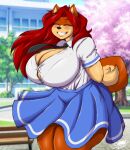  2021 absurd_res anthro big_breasts black_nose breasts canid canine canis clothing dated domestic_dog eyebrows eyelashes eyes_closed female hair hi_res huge_breasts mama_maria mammal outside plant red_eyebrows red_hair school school_uniform signature smile solo superix thick_thighs tree uniform 