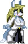  anthro big_breasts blonde_hair blue_eyes breasts canid canine canis clothed clothing coat digital_media_(artwork) dipstick_tail female fur hair low_res mammal milagros_desantis multicolored_tail one_eye_closed pixel_(artwork) pixelated sapphirecoyote smile solo topwear wink wolf 