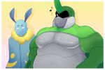  anthro arthropod barazoku beetle blue_body bug_fables duo girl_staring_at_man&#039;s_chest green_body hi_res horn insect kabbu_(bug_fables) leif_(bug_fables) lepidopteran male moonsprout_games moth muscular muscular_male musical_note neck_tuft no_pupils one_eye_closed redeyedgazer slightly_chubby tuft white_eyes 
