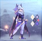  areola blue_body blue_fur cape claws clothing detailed_background ear_piercing ear_ring female fur furred_kobold hi_res horn hybrid kobold mammal map multicolored_body multicolored_fur phluks piercing scroll snow solo two_tone_body two_tone_fur white_body white_fur 