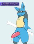  2021 animal_genitalia animal_penis anthro balls bedroom_eyes big_penis black_body black_fur blue_background blue_body blue_fur bodily_fluids bone canine_penis dabelette dripping english_text erection front_view fur genital_fluids genitals hi_res knot long_penis lucario male multicolored_body multicolored_fur narrowed_eyes nintendo nude penis pok&eacute;mon pok&eacute;mon_(species) pokemon_unite precum precum_drip red_eyes seductive simple_background solo standing text tongue tongue_out video_games yellow_body yellow_fur 