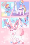  2021 2:3 anthro anthro_to_feral blue_body blush clothing dress eeveelution equid equine feathered_wings feathers female feral friendship_is_magic hair hi_res holding_object legwear mammal mirror multicolored_hair my_little_pony nintendo open_mouth pawpads pegasus pink_body pink_eyes pok&eacute;mon pok&eacute;mon_(species) rainbow_dash_(mlp) ribbons solo species_transformation standing stockings surprise sylveon transformation valeria_fills video_games white_body wings 
