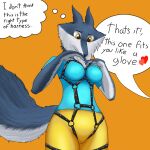  &lt;3 1:1 anthro blue_clothing blue_shirt blue_topwear bottomwear canid canine canis clothing english_text female fur grey_body grey_fur harness hi_res mammal marsupial mike_santos pants porsche_(sing) shirt simple_background solo speech_bubble text topwear vombatiform wolf yellow_bottomwear yellow_clothing yellow_eyes yellow_pants 