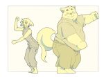  2021 anthro belly blush bottomwear canid canine canis clothing dancing domestic_dog duo humanoid_hands inunoshippo kemono male mammal overweight overweight_male pants shirt topwear 