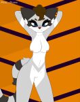  absurd_res animated anthro blue_eyes blush bouncing_breasts breasts brown_hair fangs female fur grey_body grey_fur hair hi_res mammal max_draws me!me!me! nude procyonid raccoon remy_raccoon simple_background solo white_body white_fur 