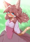  2021 accessory anthro blush breasts brown_body brown_fur brown_hair brown_nose cheek_tuft choker clothed clothing cute_fangs day domestic_cat dress ear_piercing facial_tuft felid feline felis female fur furgonomics grass gundam gundam_build_divers_re:rise hair hair_accessory hands_behind_back hi_res horokusa0519 inner_ear_fluff jewelry kemono long_hair maiya_(gundam_build_divers_re:rise) mammal necklace outside piercing plant portrait small_breasts smile solo tail_accessory three-quarter_portrait tuft 