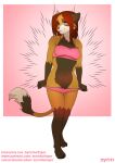  2021 absurd_res anthro blue_eyes bra breasts brown_body brown_fur canid clothing female fur genitals hair hi_res looking_at_viewer mammal pussy red_hair simple_background smile solo standing synnfultiger text underwear undressing url 