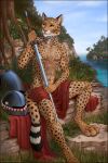  0ds 2021 4_toes 5_fingers anthro cheetah cheeth day detailed_background feet felid feline fingers grass hi_res holding_object holding_sword holding_weapon male mammal melee_weapon nude orange_eyes outside plant rock sitting sky smile sword titusw toes weapon whiskers 
