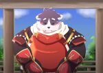  2021 anthro armor biped black_nose blush bodily_fluids canid canine canis detailed_background domestic_dog eyes_closed harima kemono male mammal outside overweight overweight_male patoro1 solo sweat tamacolle 