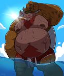  2021 absurd_res anthro armpit_hair belly big_belly big_muscles body_hair bowser bowser_day bulge chest_hair claws clothing cloud collar day eyebrows hair happy_trail hi_res horn koopa looking_at_viewer low-angle_view male mario_bros musclegut muscular muscular_anthro muscular_male narrowed_eyes navel nintendo nipples outside overweight overweight_anthro overweight_male partially_submerged pecs pubes scalie shell smile solo spiked_collar spiked_shell spikes spikes_(anatomy) splashburr standing sun swimming_trunks swimwear video_games water wet wet_body wet_clothing 