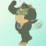 &lt;3 2021 absurd_res anthro belly big_belly blue_background bowser_day bulge clothed clothing crop_top crown flexing forked_tongue hi_res horn jockstrap king_koopa koopa male mario_bros musclegut muscular muscular_anthro muscular_male navel nintendo open_mouth open_smile overweight overweight_anthro overweight_male scalie shadowmatamori shell shirt signature simple_background smile solo spiked_shell spikes spikes_(anatomy) standing tank_top text tongue tongue_out topwear underwear url video_games 