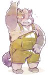  2021 anthro blush bulge clothing felid feline humanoid_hands kemono male mammal nekomarudon nipples overalls overweight overweight_male simple_background solo tanukimaru white_background 