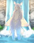  anthro bodily_fluids breasts deity fan_character female genital_fluids genitals hi_res horn looking_at_viewer nipples nude outside pussy small_breasts solo unicorn_horn urine waterfall wings xxhericide 