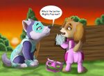  canid canine canis clothing conditional_dnp costume domestic_dog duo english_text everest_(paw_patrol) female female/female feral hi_res mammal paw_patrol raised_tail skye_(paw_patrol) speech_bubble text trapped xxgato 