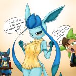  2017 anthro big_breasts black_body black_fur blue_body blue_fur blue_hair blush breasts brown_body brown_fur brown_hair buckteeth chespin clothing curvy_figure dialogue digital_media_(artwork) eeveelution english_text eyelashes female fingers fur galia_(sandwich-anomaly) glaceon green_eyes group hair huge_breasts leina_(sandwich-anomaly) lucario male mammal meme meme_clothing multicolored_body multicolored_fur nintendo pok&eacute;mon pok&eacute;mon_(species) purple_eyes sandwich-anomaly side_boob simple_background sitting smile standing sweater tan_body tan_fur teal_eyes teal_sclera teeth text thick_thighs tongue topwear video_games virgin_killer_sweater voluptuous wide_hips yellow_background 