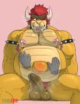  2021 anthro armband armpit_hair artist_name balls belly big_belly bodily_fluids body_hair bowser bowser_day collar disembodied_hand duo erect_nipples erection foreskin genitals hair hi_res horn humanoid_genitalia humanoid_penis koopa lactating male male_lactation mario_bros musclegut muscular muscular_anthro muscular_male musk nintendo nipples nude one_eye_closed open_mouth pecs penis pink_background pregnant pregnant_male pubes scalie simple_background sitting solo_focus spiked_armband spiked_collar spikes sweat sweaty_balls sweaty_genitalia sweaty_penis uncut video_games y40ifan 