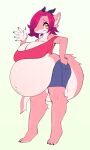  absurd_res anthro belly big_belly big_breasts bottomwear breasts cleavage clothed clothing female fish hair hellbrain hi_res marine midriff pregnant red_hair shark skirt solo yellow_eyes 