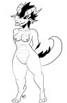  anthro blep brat bratty breasts ear_piercing ear_ring female floppy_ears genitals hi_res horn kobold kusama monochrome piercing pussy solo taunting tongue tongue_out 