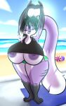  anthro beach big_breasts breasts day fan_character female hi_res hyper mammal pingumarci procyonid raccoon seaside solo sport yoga 