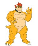  3_toes 4_fingers absurd_res amber_eyes anonymous_artist anthro black_collar bowser bowser_day claws collar collar_only eyebrows featureless_crotch feet fingers grin hair hi_res horn koopa looking_at_viewer male mario_bros nintendo nude red_hair scalie shell-less simple_background smile smiling_at_viewer solo thick_eyebrows toes video_games white_background yellow_body 
