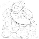  2021 96panda anthro belly bodily_fluids boron_brioche clothing cyberconnect2 felid felineko fuga:_melodies_of_steel hi_res kemono little_tail_bronx male mammal moobs nipples obese obese_male overalls overweight overweight_male sketch solo sweat towel video_games 