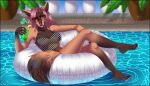  2021 4_toes 5_fingers anthro ariveil beverage breasts canid canine canis clothed clothing day detailed_background digital_media_(artwork) domestic_dog eyewear feet female fingers fur hair inflatable inner_tube looking_at_viewer mammal outside solo sunglasses swimming_pool swimwear toes water 