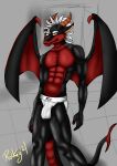  abs absurd_res anthro black_body clothed clothing dragon genitals hair hi_res horn male male/male masculinity penis rockeylombax solo topless underwear white_hair wings 