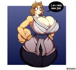  2018 absurd_res anthro big_breasts black_nose blue_eyes blush breasts brown_hair canid canine canis clothing domestic_dog english_text female fingers hair hand_on_hip hi_res huge_breasts june_(jinu) mammal solo spitz superix text wide_hips 