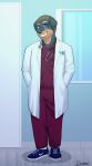  2019 absurd_res anthro blue_eyes bottomwear brown_body brown_hair canid canine canis clothing coat doctor doggomeatball domestic_dog door eyewear footwear glasses hair hi_res inside lab_coat looking_at_viewer male mammal mastiff medical_instrument molosser pants ross_(rosstherottie) rottweiler scientific_instrument shirt shoes short-hair smile sneakers solo stethoscope topwear window 