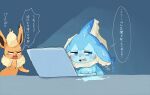  ambiguous_gender blue_body blue_eyes blush bodily_fluids comic computer duo eeveelution flareon fluffy fluffy_tail hi_res japanese_text laptop netchy_boo nintendo orange_body partially_translated pok&eacute;mon pok&eacute;mon_(species) tears text translation_check translation_request vaporeon video_games 