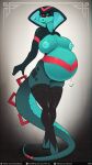  anthro areola belly big_belly big_breasts breasts clothing cobra don_ko female genitals hi_res legwear looking_at_viewer navel navel_piercing nipples non-mammal_breasts piercing pregnant pussy reptile scalie snake solo text thigh_highs url 