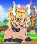  absurd_res after_transformation blonde_hair blue_eyes blush bowser bowsette_meme breasts breath_powers cleavage clothed clothing collar crown elemental_manipulation fangs female fire fire_breathing fire_manipulation hair headshot_portrait hi_res horn humanoid humanoid_pointy_ears long_hair mario_bros meme nintendo open_mouth playful portrait smile solo spiked_collar spikes super_crown teeth tf-sential tf_into_fictional_character tongue transformation video_games 