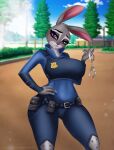  absurd_res anthro ashimaroo big_breasts breasts camel_toe clothed clothing disney female hand_on_hip handcuffs hi_res judy_hopps lagomorph leporid mammal outside police rabbit shackles solo wide_hips zootopia 