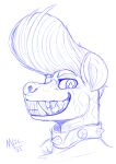  2021 anthro berry_smiles big_ears blue_and_white chest_tuft collar digital_media_(artwork) eyebrows eyelashes female fur gold_(metal) gold_tooth hi_res hyaenid looking_at_viewer mammal meatboom monochrome pompadour pupils realistic sketch smile solo spiked_collar spikes spots teeth tuft unusual_pupils 