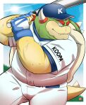  2021 absurd_res anthro baseball_(sport) baseball_bat baseball_cap baseball_uniform bat_(object) belly bodily_fluids bottomwear bowser bowser_day clothing cute_fangs hat headgear headwear hi_res humanoid_hands kamui_shirow koopa male mario_bros nintendo outside overweight overweight_male pants scalie shirt solo sport sportswear sweat topwear uniform video_games 