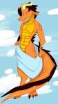  anthro bathing claws dragon floppy_ears hi_res horn kusama kusama_(character) male multi_ear orange_body orange_scales presenting scales solo towel towel_only 