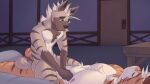  anthro clyde_(temptations_ballad) cole_(temptations_ballad) duo eyes_closed felid hi_res hyaenid lying male male/male mammal nipples nude pantherine shirokoi size_difference sleeping striped_body striped_hyena stripes temptations_ballad_(visual_novel) tiger tuft 
