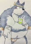  2021 anthro asian_clothing belly black_nose blush bulge canid canine canis cellphone clothing east_asian_clothing fundoshi hi_res japanese_clothing kemono male mammal navel overweight overweight_male phone smartphone solo suishou0602 underwear white_clothing white_fundoshi white_underwear wolf 