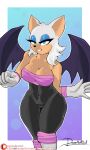  2019 absurd_res anthro black_nose blue_background blue_eyes breasts chiropteran clothing doggomeatball female gloves handwear hi_res looking_at_viewer mammal membrane_(anatomy) membranous_wings navel rouge_the_bat sega simple_background smile solo sonic_the_hedgehog_(series) tight_clothing white_clothing white_gloves white_handwear wings 