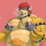  2021 anthro armband artist_name belly big_belly blush bodily_fluids bowser bowser_day bracelet claws collar disembodied_hand duo erect_nipples hair hi_res horn jewelry koopa lactating male male_lactation mario_bros moobs musclegut muscular muscular_anthro muscular_male narrowed_eyes nintendo nipple_fetish nipple_pinch nipple_play nipples nude open_mouth pec_squeeze pec_squish pecs pinch pink_background pregnant pregnant_male scalie shell simple_background solo_focus spiked_armband spiked_bracelet spiked_collar spiked_shell spikes spikes_(anatomy) squish standing video_games y40ifan 