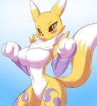  anthro bandai_namco black_sclera blue_eyes blush breasts canid canine digimon digimon_(species) featureless_breasts female fur hi_res looking_at_viewer mammal nude renamon solo tuft white_body white_fur yellow_body yellow_fur zerokun135 