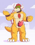  absurd_res anthro balls big_balls big_penis bodily_fluids bowser collar dragon erection father genital_fluids genitals hi_res horn inviting koopa male mario_bros muscular nintendo nude parent pecs penis scalie simple_background solo spikes video_games wolfyzeeb 