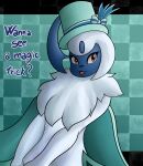  absol anthro bow cape clothing female fur hi_res looking_at_viewer magician magician_hat mammal neksu nintendo open_mouth pok&eacute;mon pok&eacute;mon_(species) red_eyes ribbons simple_background solo video_games white_body white_fur 